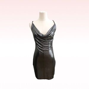 SAINT GENIES Metallic Silver Slinky Cowl Neck Dress (Sz 10)